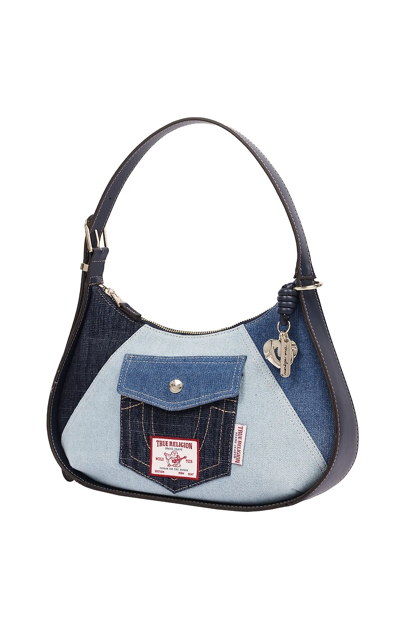 True Religion Color Block Denim Zip Hobo Bag