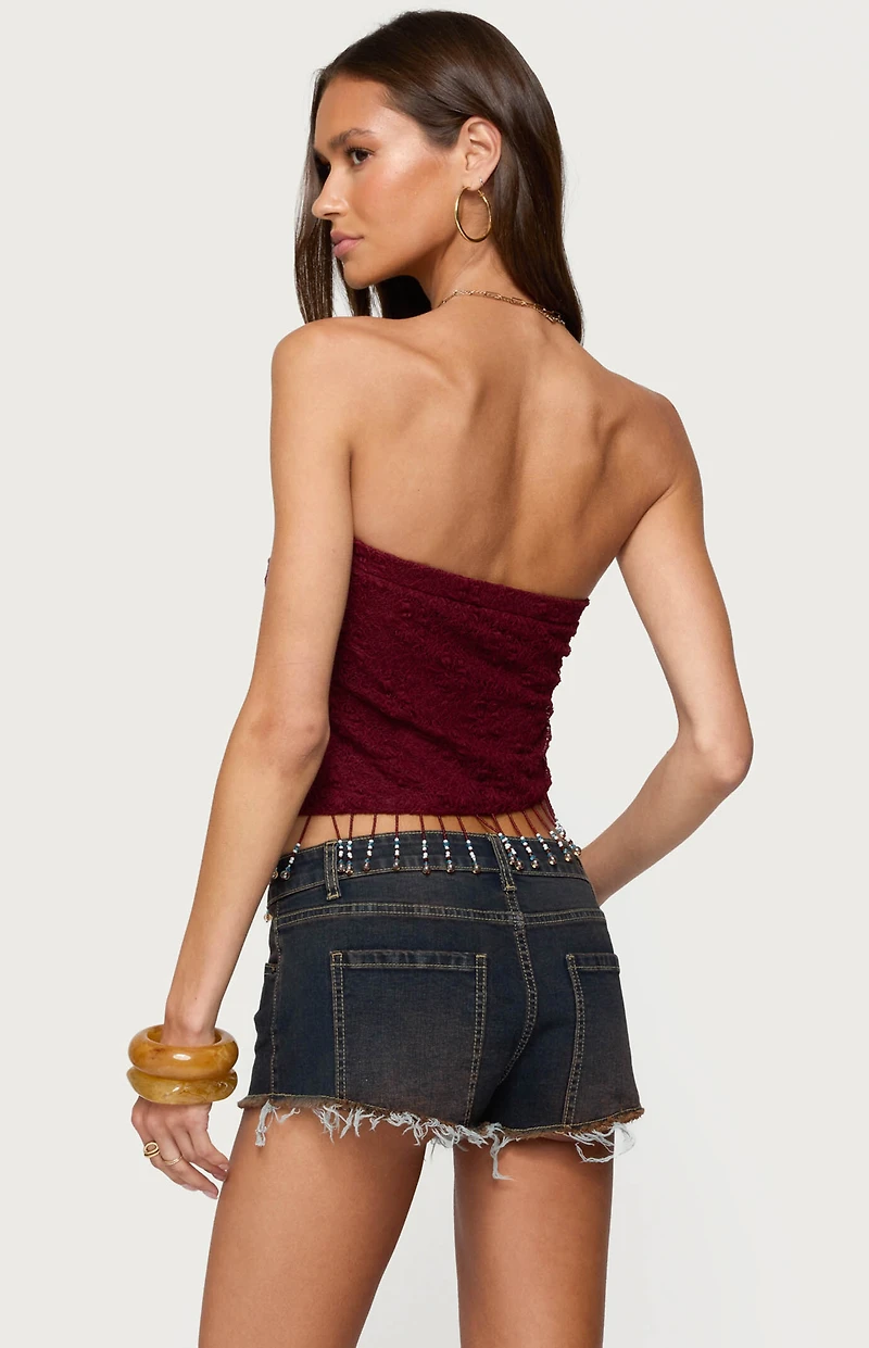 Edikted Textured Asymmetric Bead Fringe Strapless Top