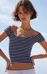 John Galt Blue Striped Mayson Off-The-Shoulder Top