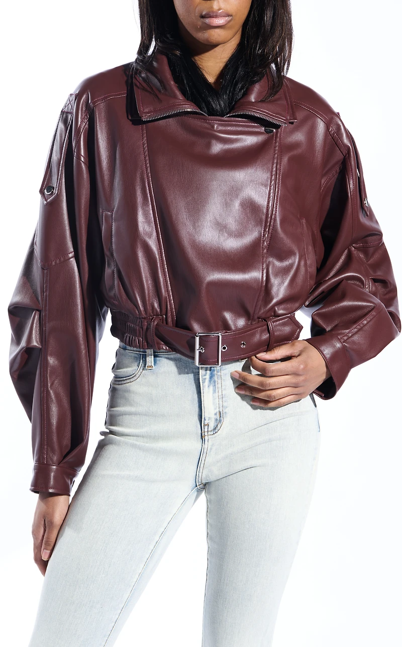 AZALEA WANG Papoose Burgundy Butter Faux Leather Jacket