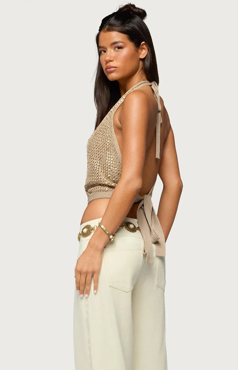 Edikted Sequin Crochet Backless Halter Top