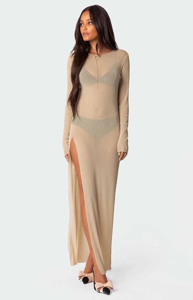 Edikted Glitter Mesh Slitted Maxi Dress