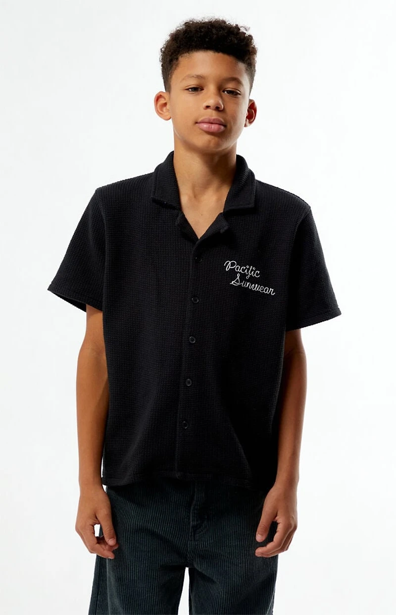 Pacsun Kids Black Waffle Knit Embroidered Camp Shirt