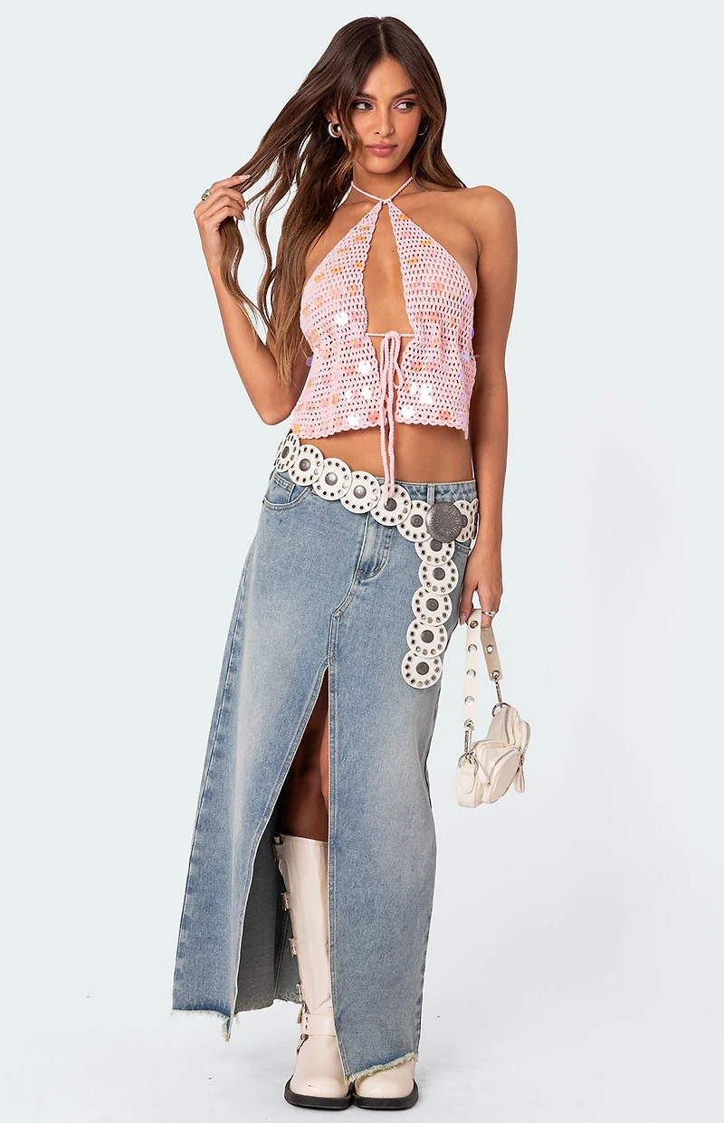 Edikted Sequin Crochet Open Back Top