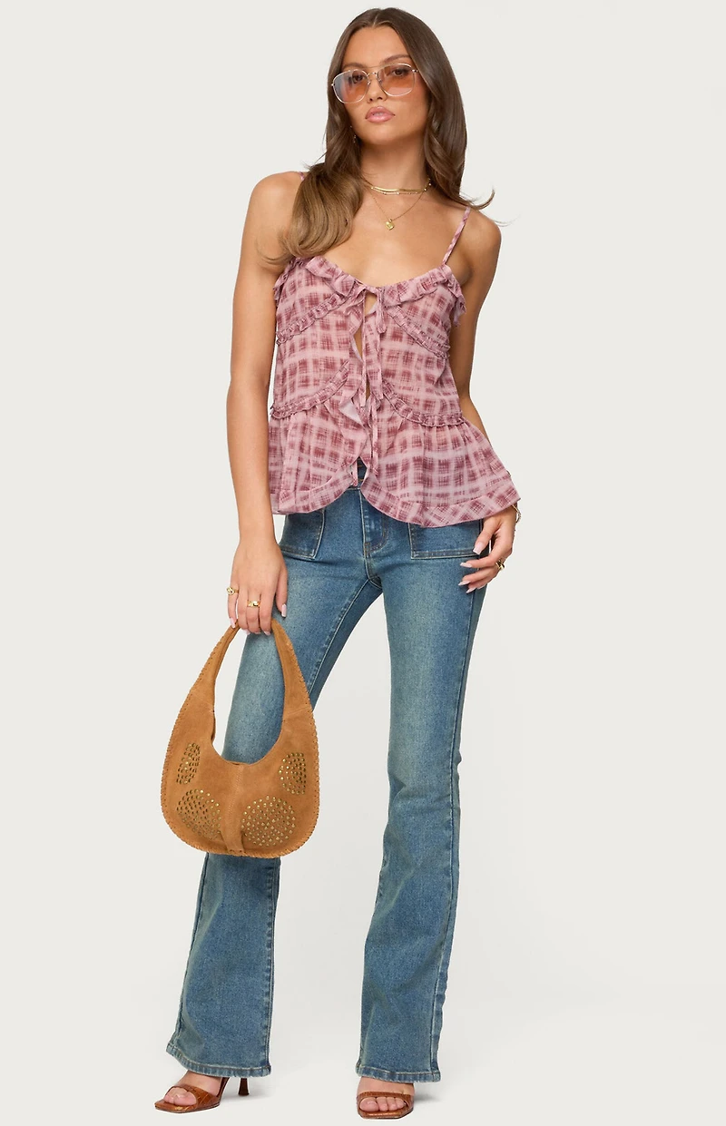 Edikted Chiffon Printed Tie Front Ruffle Top