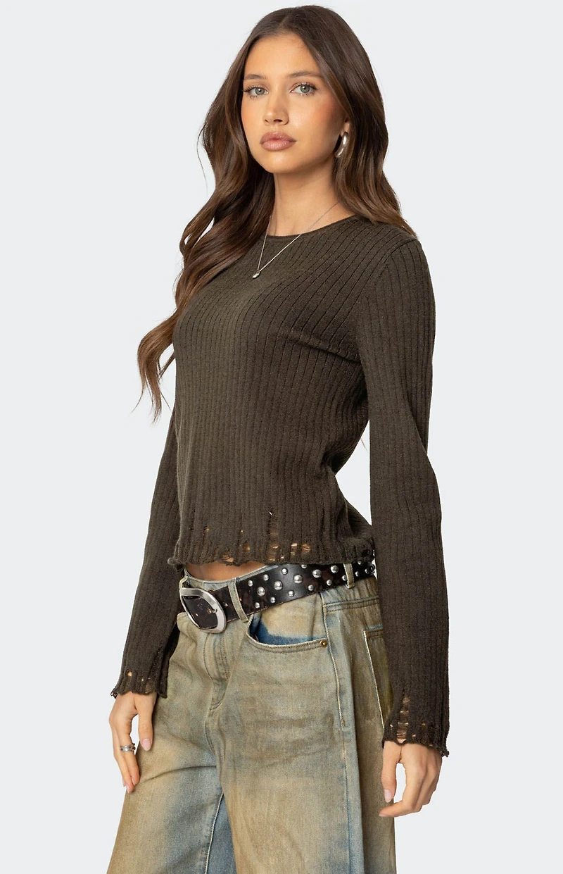 Edikted Distressed Ribbed Knit Sweater