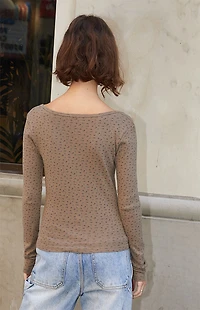 John Galt Brown Floral Pointelle Zelly Long Sleeve Top