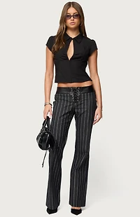 Edikted Pinstripe & Faux Leather Low Rise Flared Jeans