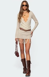 Edikted Tassel Knit Wrap Mini Dress