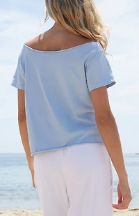 John Galt Sky Blue Robyn 44 Short Sleeve Off-The-Shoulder Top