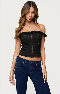 Edikted Jordana Ruffle Eyelet Off Shoulder Top