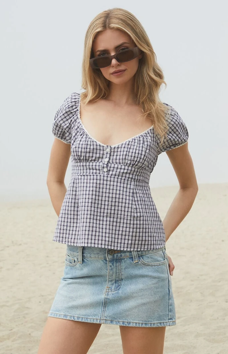 John Galt Blue & White Plaid Blair Short Sleeve Top