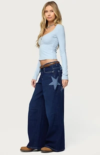 Edikted Trish Satin Effect Stars Low Rise Jeans