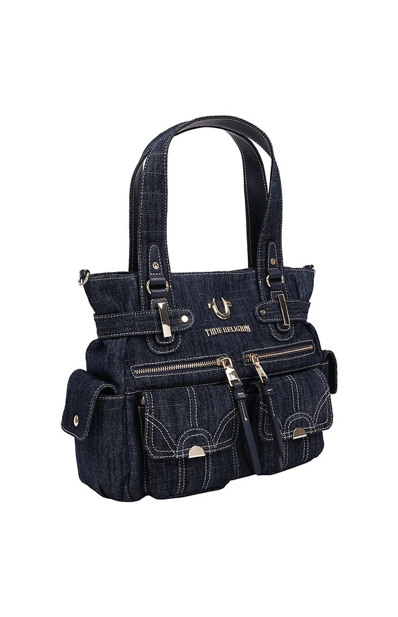 True Religion Multi Pocket Dark Denim Cinch Tote Bag