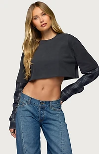 Edikted Plaid Sleeves Layered Crop Top