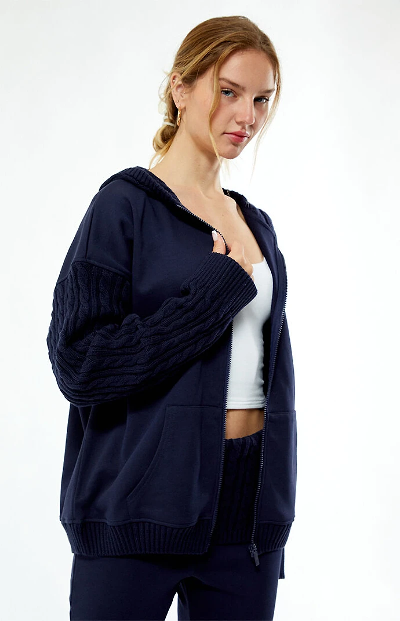 WEWOREWHAT Cable Knit Sleeve Zip Up Hoodie