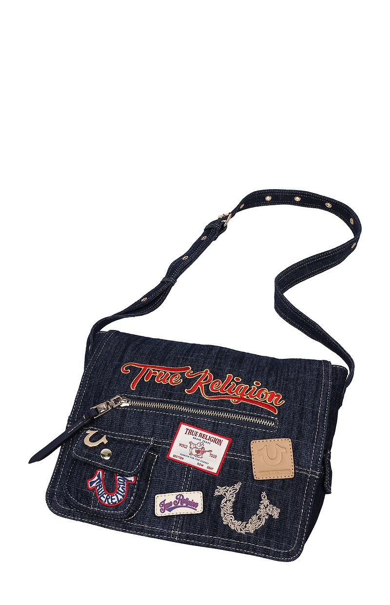 True Religion Dark Denim Multi Patch Messenger Bag