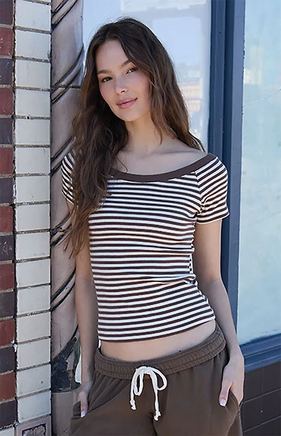 John Galt Brown & White Striped Ginny Off-The-Shoulder Top