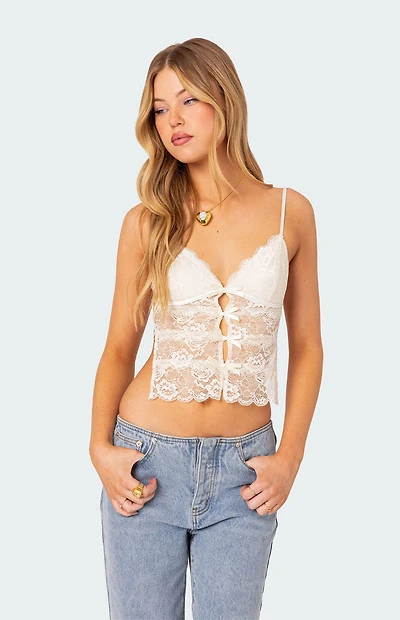 Edikted Cara Sheer Lace Open Back Tank Top