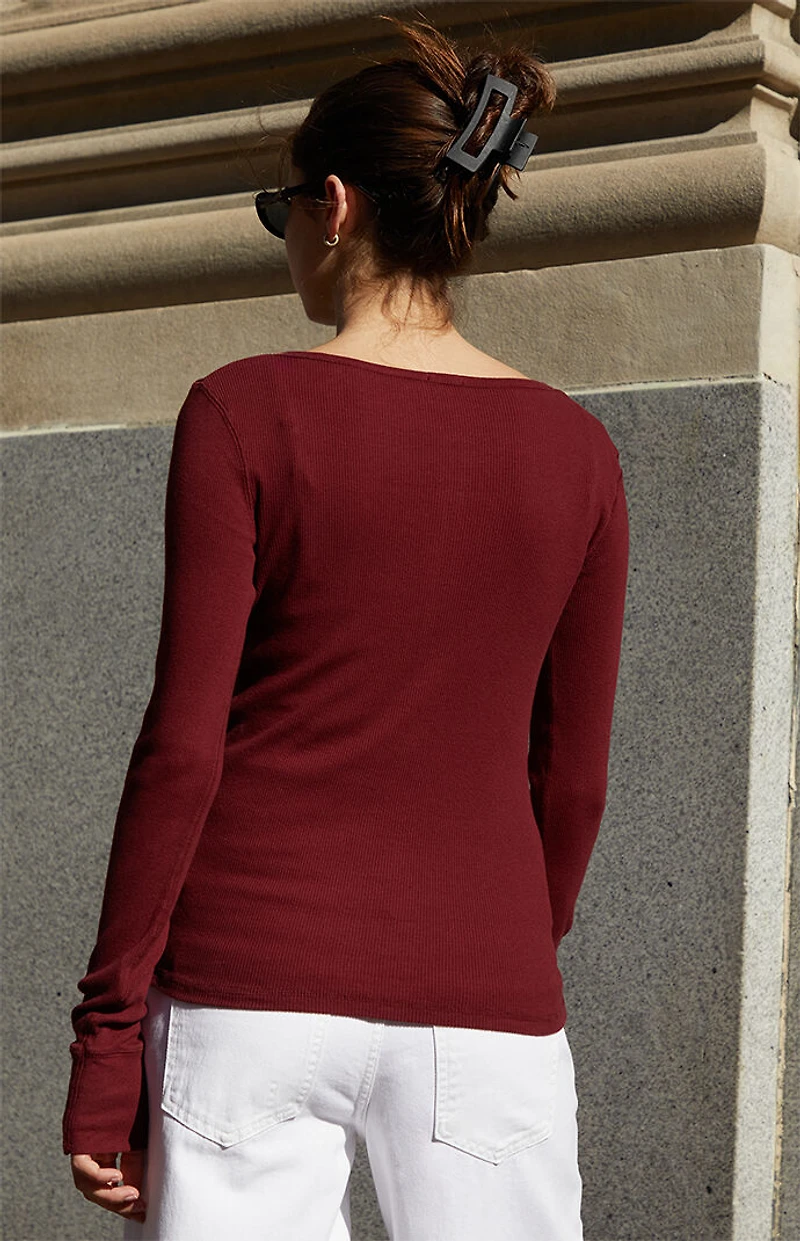 John Galt Burgundy Athern Ribbed Long Sleeve Top