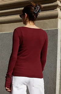 John Galt Burgundy Athern Ribbed Long Sleeve Top