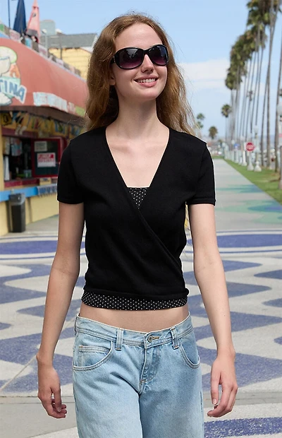 John Galt Black Short Sleeve Wrap Sweater Top