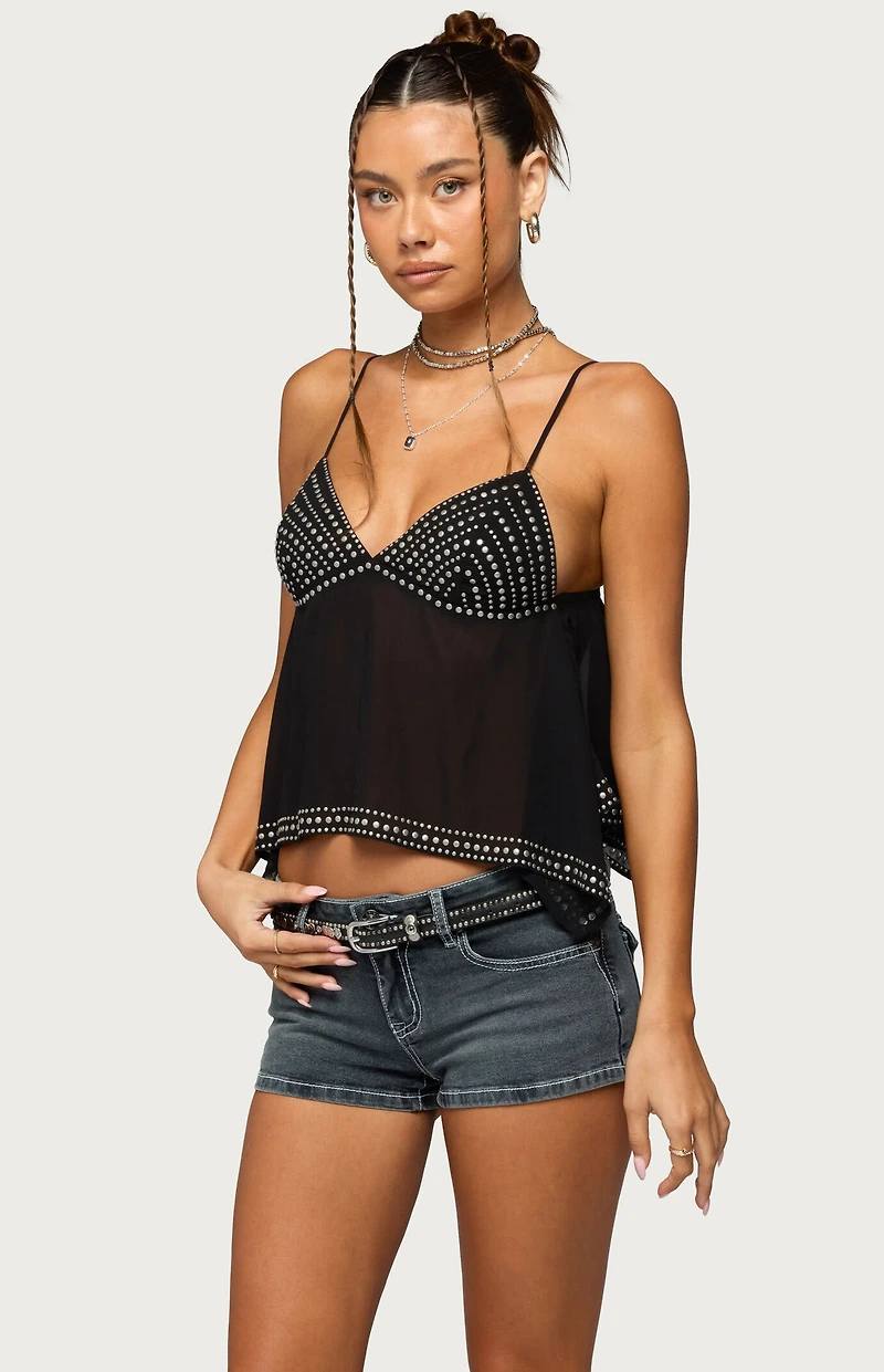 Edikted Studded Asymmetric Sheer Babydoll Top