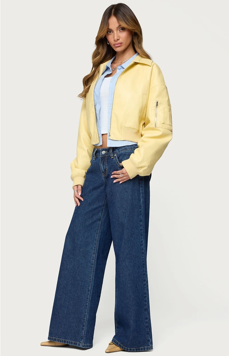 Edikted Zayna Cropped Faux Leather Bomber Jacket