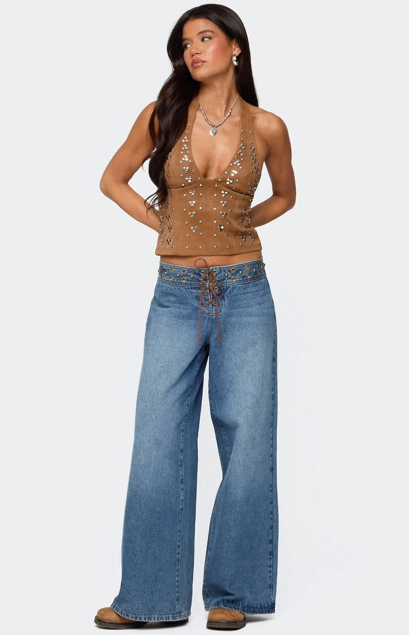 Edikted Xaria Studded Faux Suede Halter Top