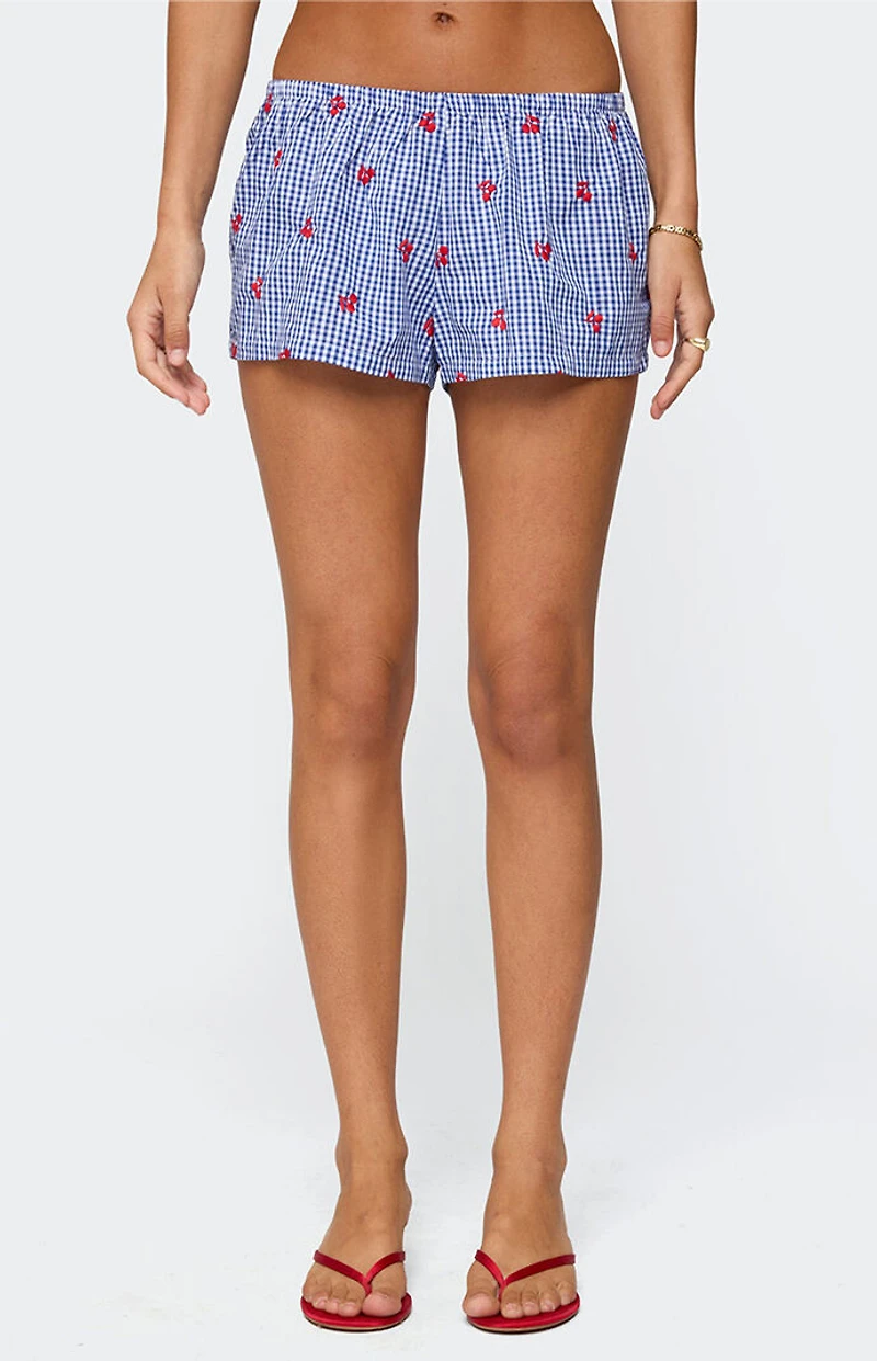 Edikted Cherry Embroidered Gingham Boxer Shorts