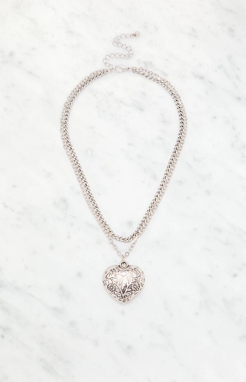 LA Hearts Etched Heart Layered Necklace