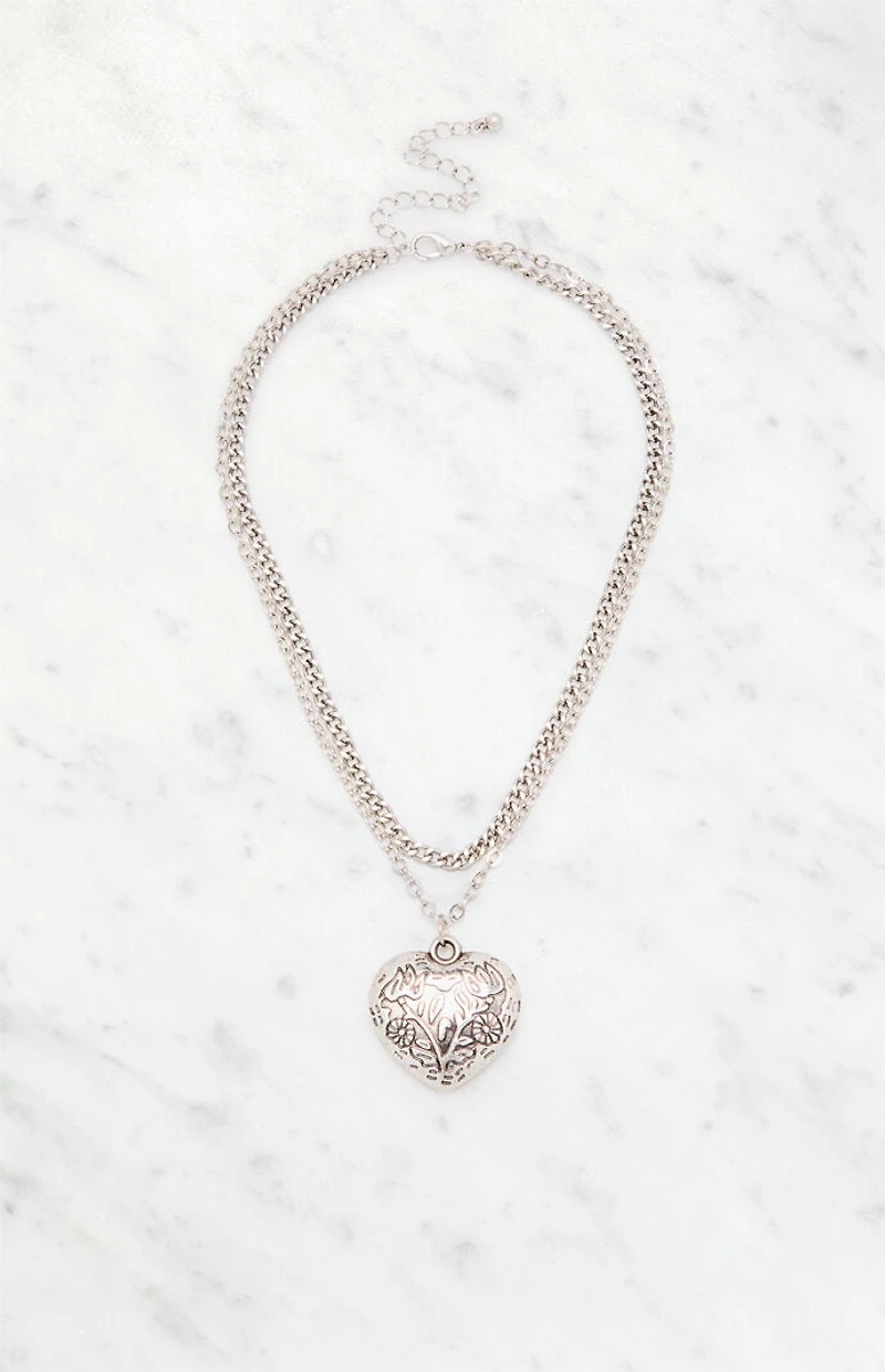 LA Hearts Etched Heart Layered Necklace