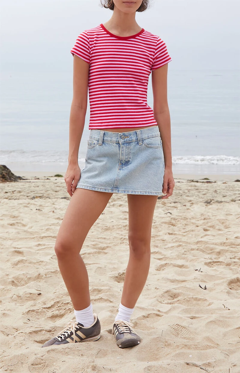 John Galt Red Hailie Striped Short Sleeve Crop Top