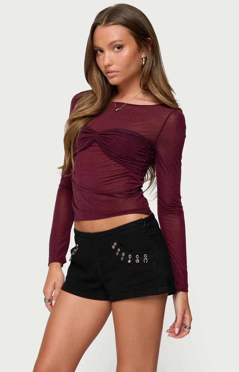 Edikted Oona Sheer Gathered Long Sleeve Top