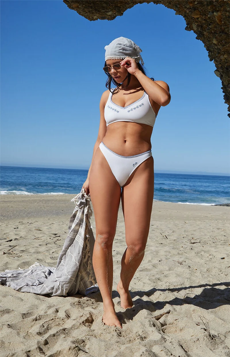 Amor y Besos White Rosa Embroidered Scoop High Cut Bikini Bottom