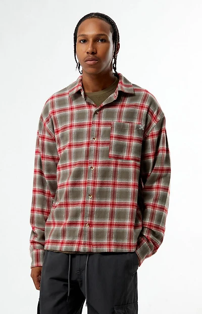Pacsun Grey & Red Plaid Long Sleeve Flannel Shirt