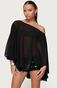 Edikted Sheer Chiffon Asymmetric Poncho