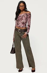 Edikted Off Shoulder Printed Sheer Mesh Top