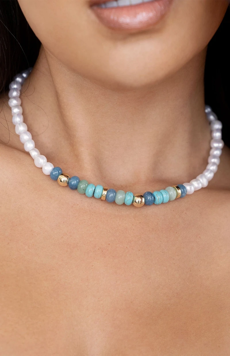 Ettika Beach Day Pearl & Blue Gemstone Necklace