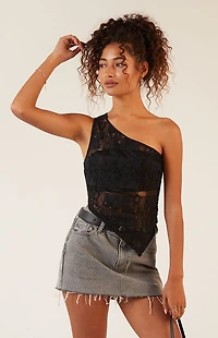 LA Hearts Patchwork Lace One Shoulder Asymmetrical Top