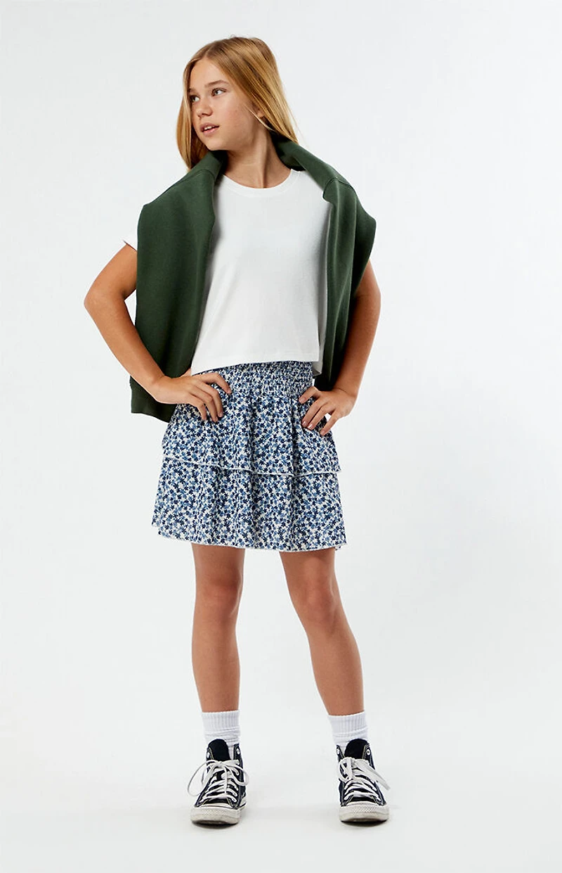 Pacsun Kids Navy Floral Tiered Scrunch Mini Skirt
