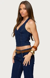 Edikted Jemima Contrast Stitch Denim Halter Top