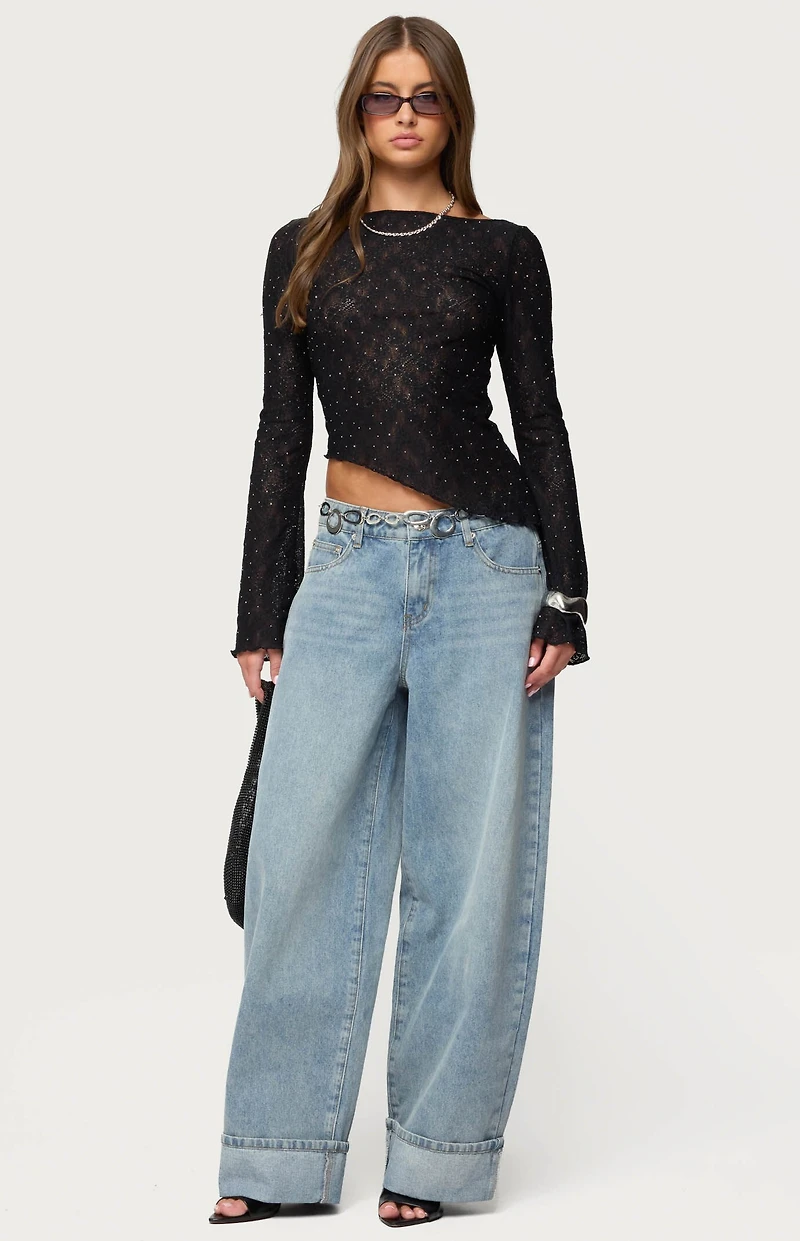 Edikted Mare Asymmetric Gem Sheer Lace Top