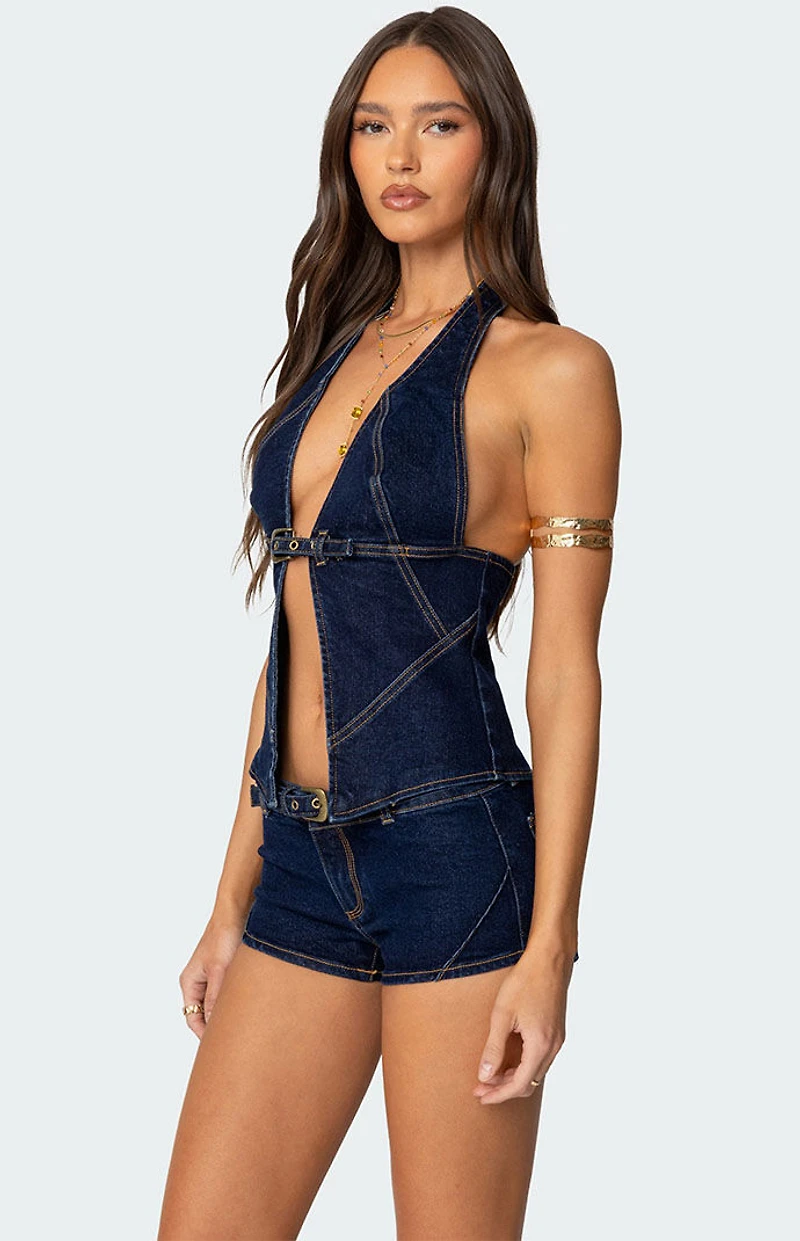 Edikted Ciel Split Front Denim Halter Top