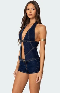 Edikted Ciel Split Front Denim Halter Top