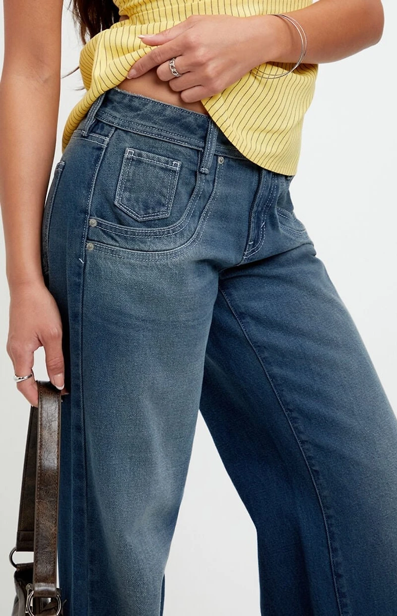 Pacsun Casey Low Rise Baggy Jeans Stacked Scoop Pocket Dark Blue