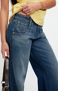 Pacsun Casey Low Rise Baggy Jeans Stacked Scoop Pocket Dark Blue