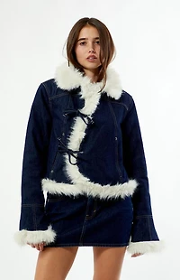 Daisy Street Iris Faux Fur Trim Denim Jacket