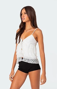 Edikted Lacey Split Front Ruffle Tank Top