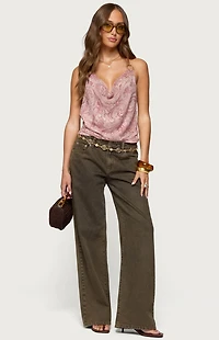 Edikted Printed Halter Chain Cowl Neck Top